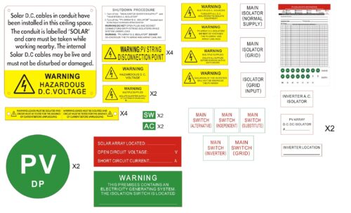 Solar Label Kit AS/NZS 4777.1:2024 Compliant 8 Solar label kit compliant with AS/NZS 4777.1:2024 and AS/NZS 5033:2021, designed for photovoltaic installations with up to 2 solar strings.