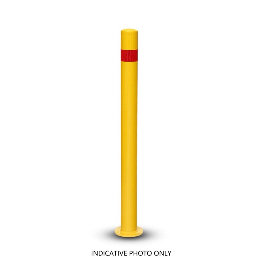 Surface-mounted safety bollard of the kind used to protect a garage battery from vehicle impact